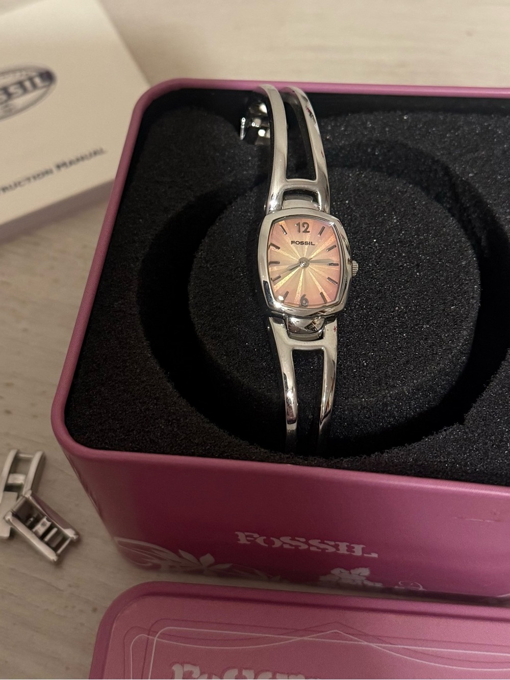 Fossil Silver Bangle Watch with Pink Gradient Dial